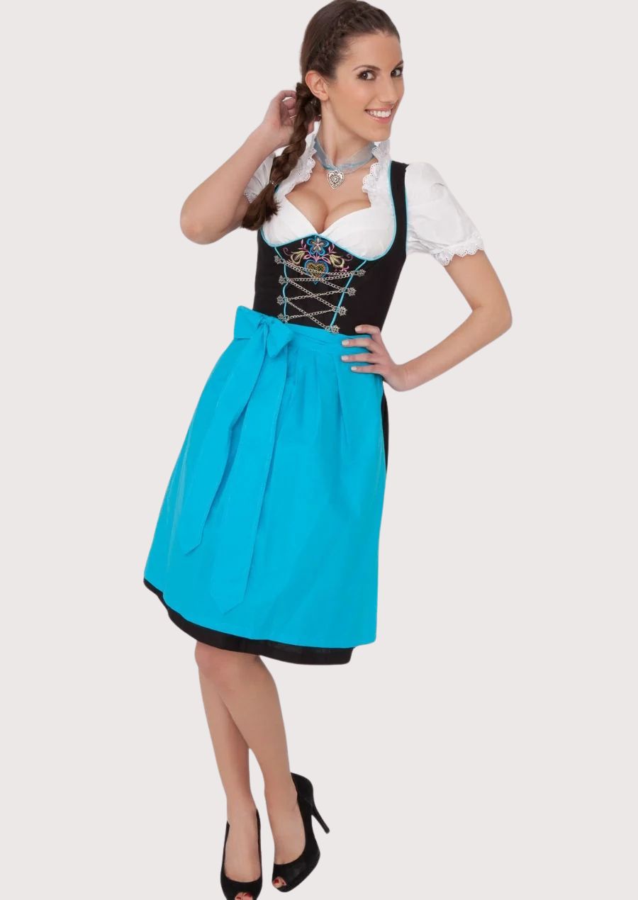 Authentic German Dirndl outfit featuring an embroidered corset front, white blouse, blue apron bow, and classic Oktoberfest silhouette.
