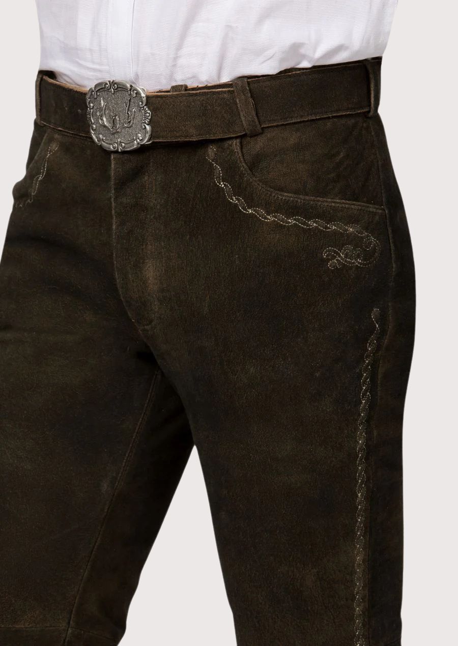 Authentic German leather trousers for men featuring premium craftsmanship and classic Oktoberfest styling