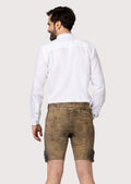 Authentic German lederhosen shorts with heritage-inspired embroidery and decorative belt buckle