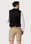 Authentic German lederhosen shorts with heritage-inspired embroidery and decorative belt buckle