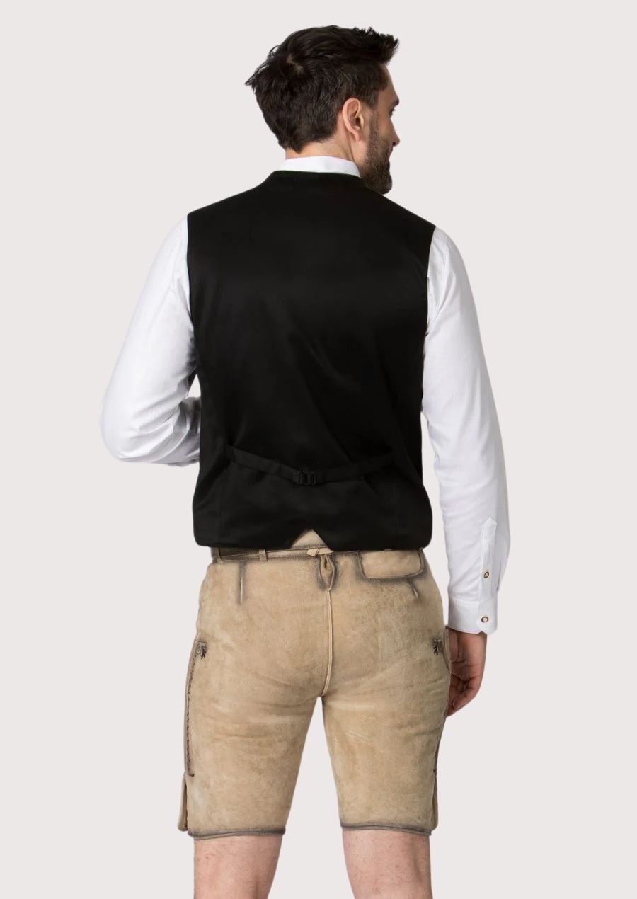 Authentic German lederhosen shorts with heritage-inspired embroidery and decorative belt buckle