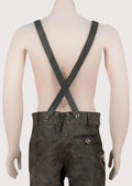 Traditional black Bavarian lederhosen set with decorative suspenders, embroidery, and Oktoberfest appeal