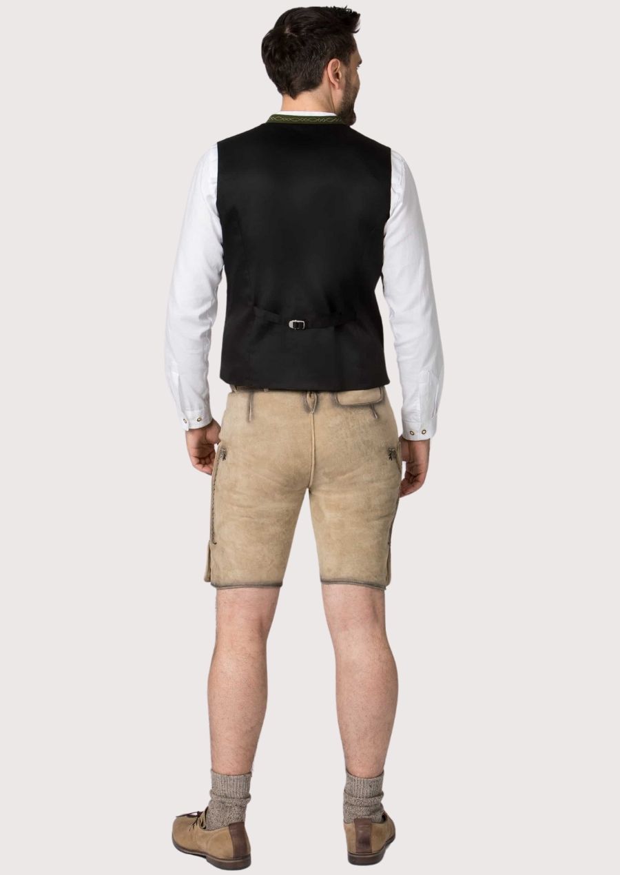 Traditional Bavarian waistcoat with embroidered collar, perfect for pairing with lederhosen for Oktoberfest or weddings.
