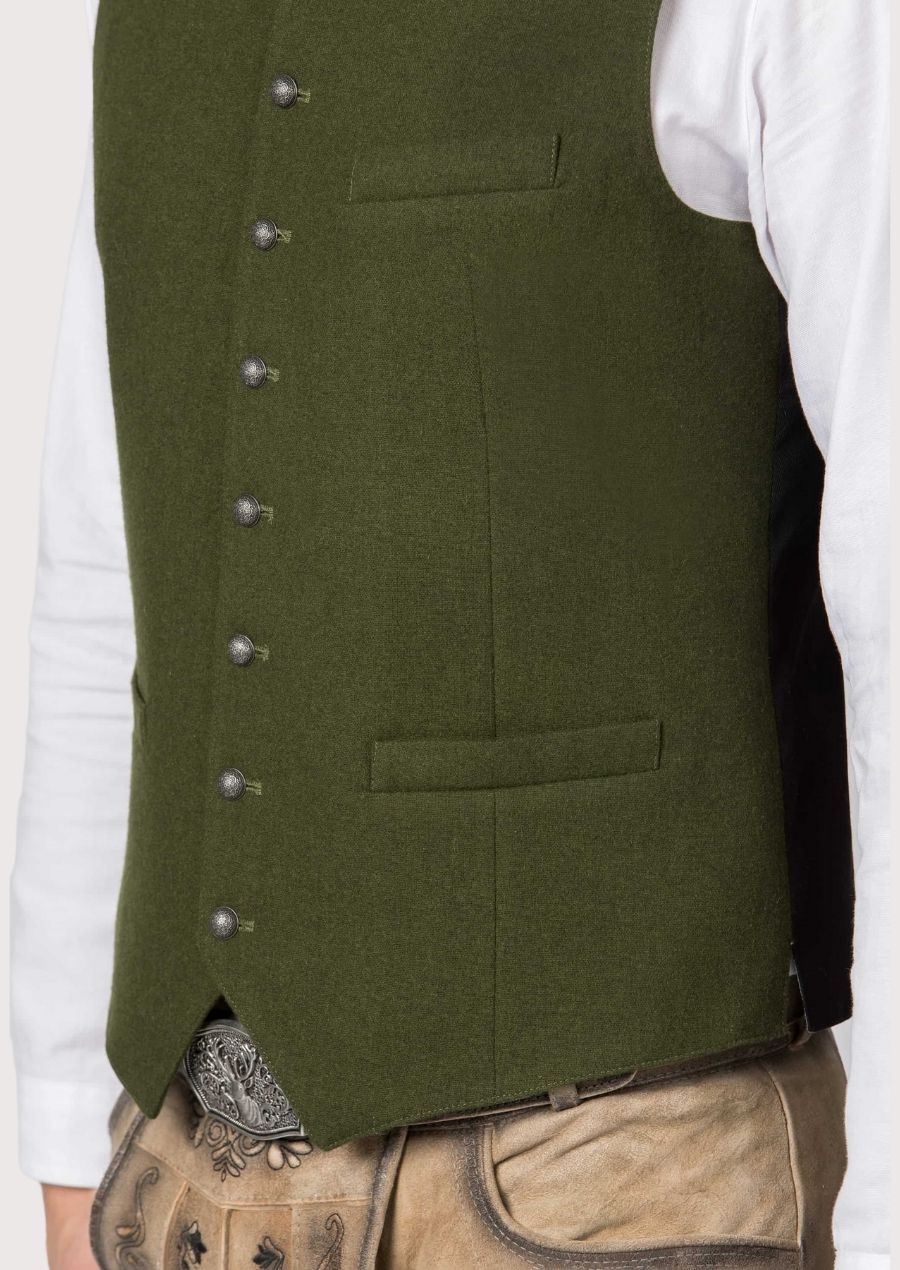 Authentic German waistcoat in green wool with detailed metal buttons, great for formal events, Oktoberfest, and festive occasions.