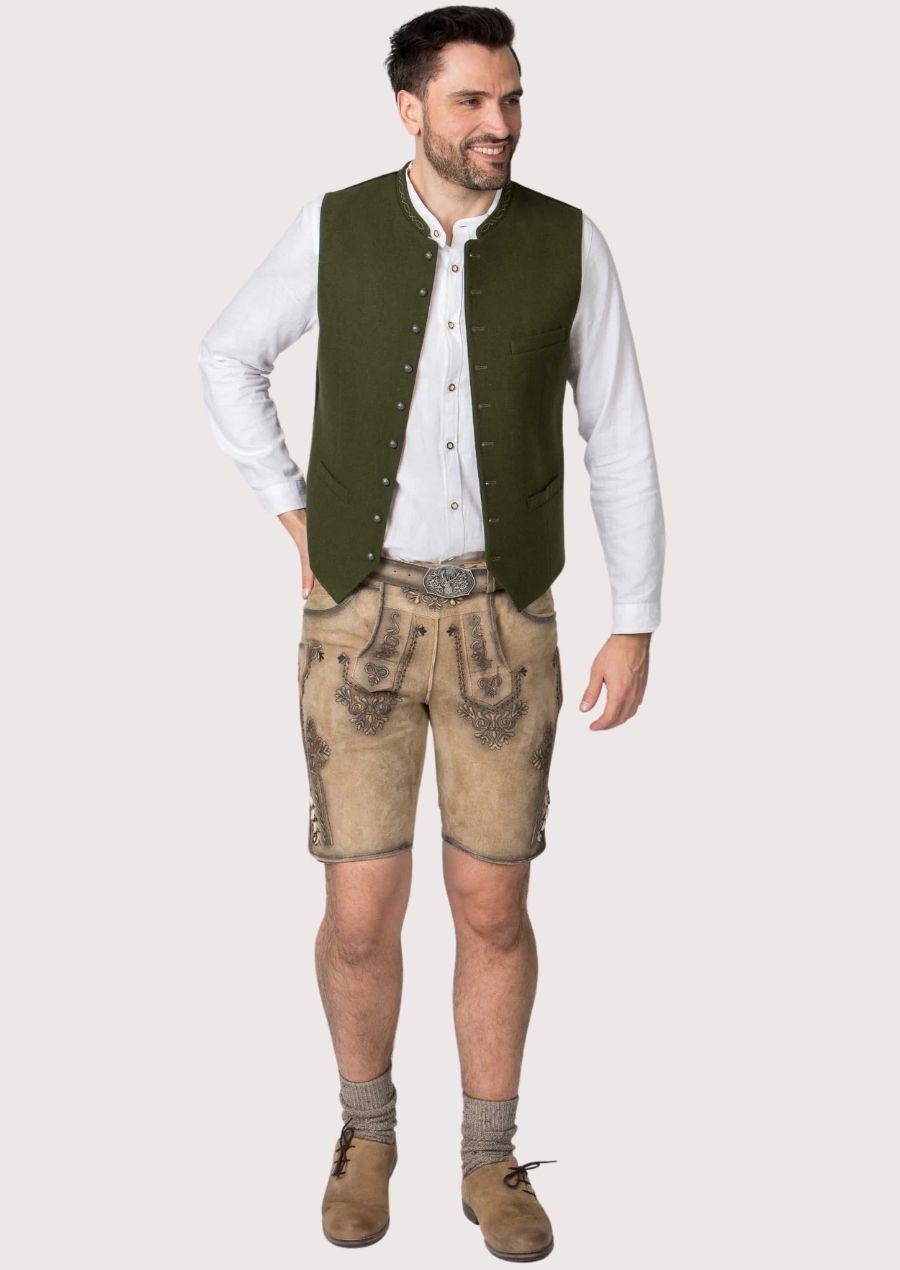 Classic Bavarian style waistcoat for men, tailored fit and green accents, ideal for Oktoberfest and cultural festivals.