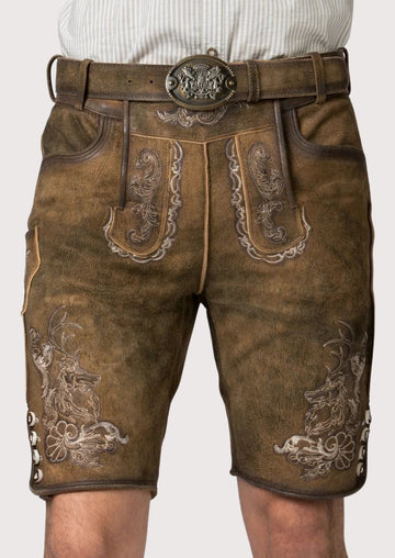 Men's leather lederhosen featuring intricate floral embroidery and a classic Bavarian design, ideal for Oktoberfest, weddings, and cultural festivals.