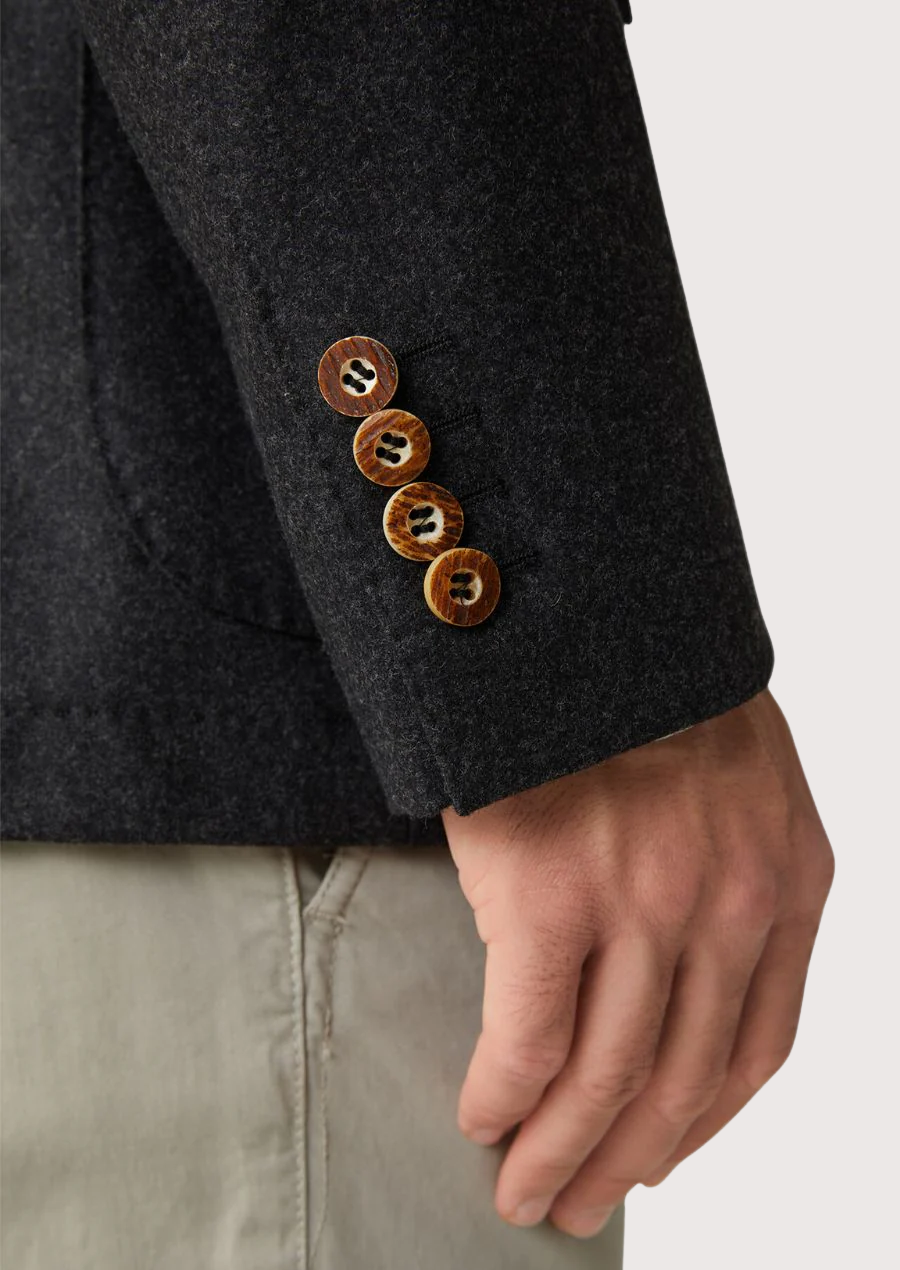 Close-up of antique-style buttons on Alpine heritage jacket