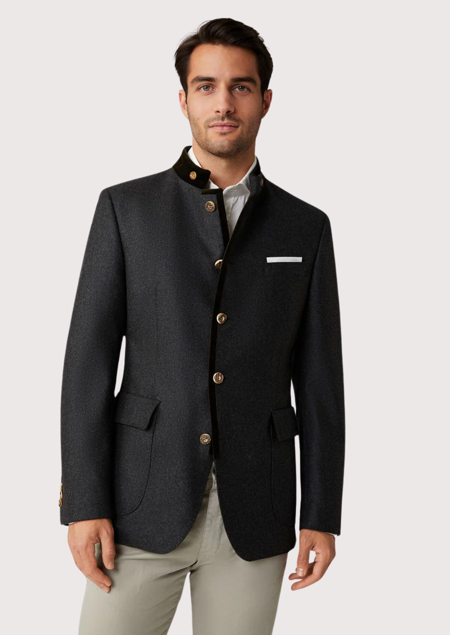Front view of men’s charcoal gray Trachten jacket with horn buttons