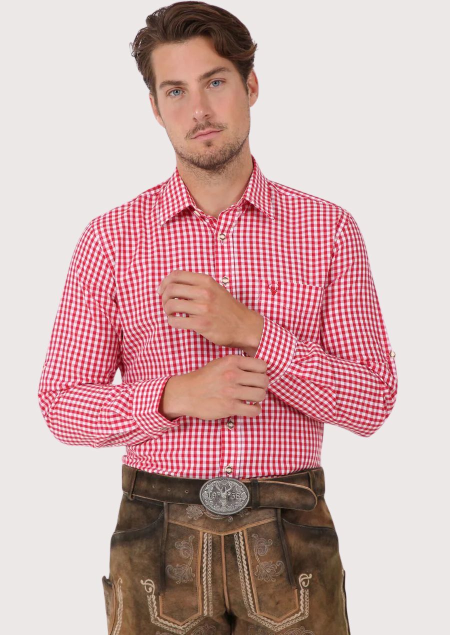 Traditional German men's shirt with red and white checks, ideal for festivals

