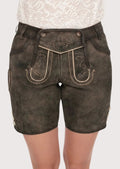 Authentic women's lederhosen with floral embroidery for a stylish and traditional look, perfect for Oktoberfest celebrations.