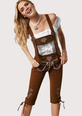 Traditional women's chestnut lederhosen featuring colorful floral embroidery, suspenders, and Alpine craftsmanship.