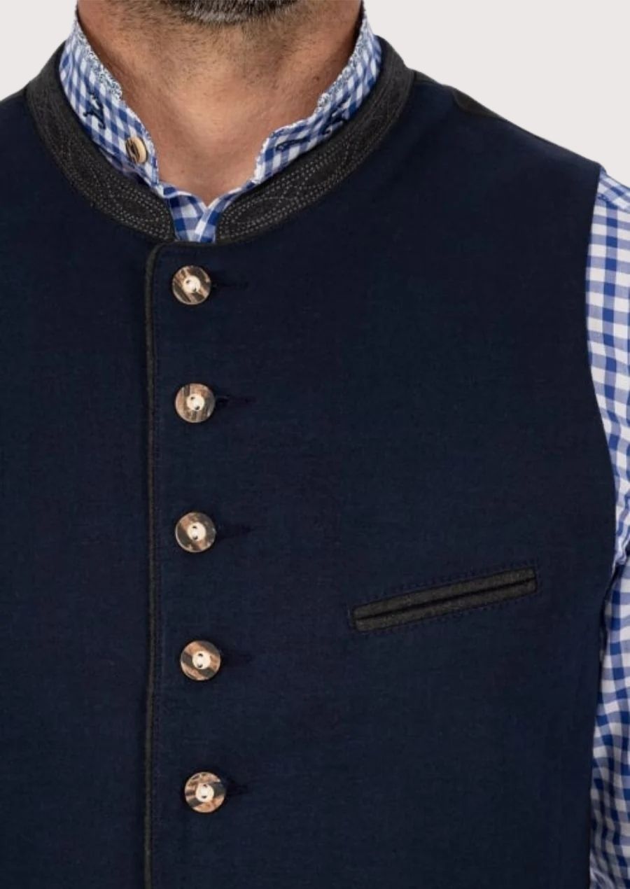 Elegant Bavarian wool vest with horn button accents, perfect for cultural events and rustic gatherings.

