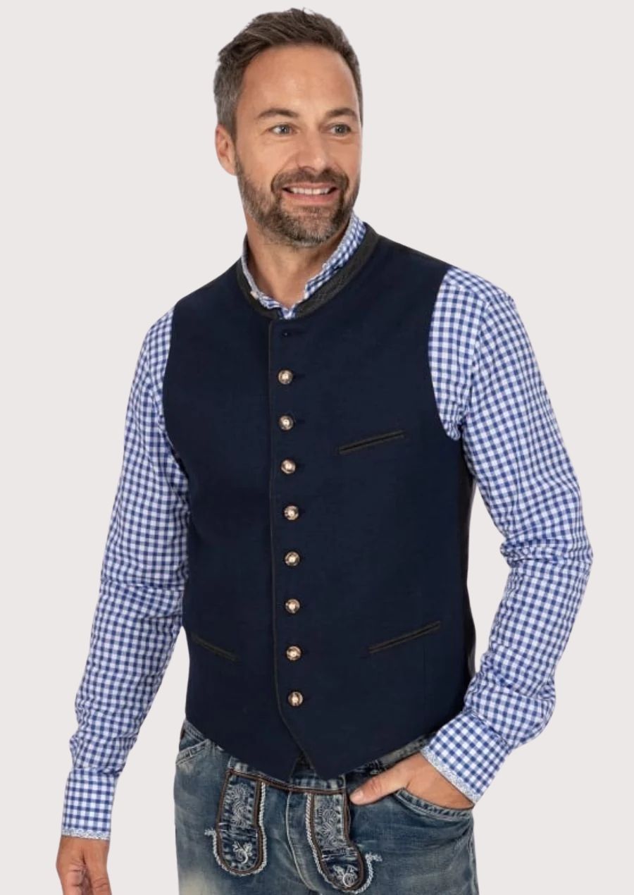 Bavarian Heritage Vest for men in navy wool with wooden buttons, perfect for Oktoberfest and cultural events.

