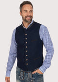 Bavarian Heritage Vest for men in navy wool with wooden buttons, perfect for Oktoberfest and cultural events.

