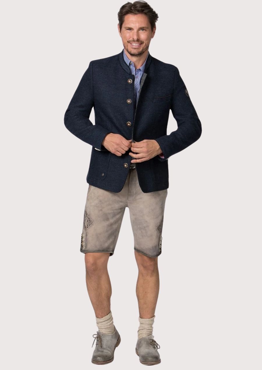 Model wearing Bavarian Style Alpine Jacket for men in sharp tailored fit

