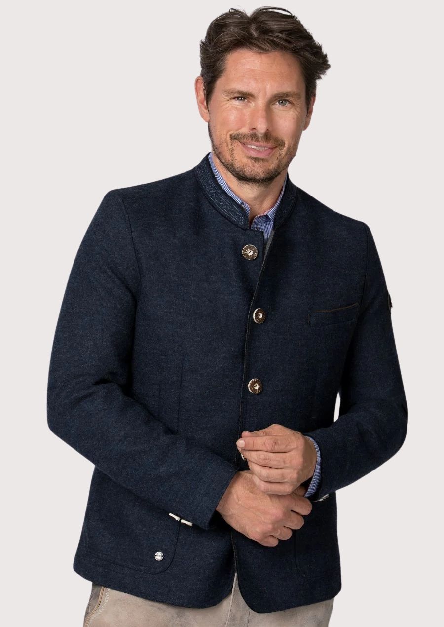 Model wearing Bavarian Style Alpine Jacket for men in sharp tailored fit

