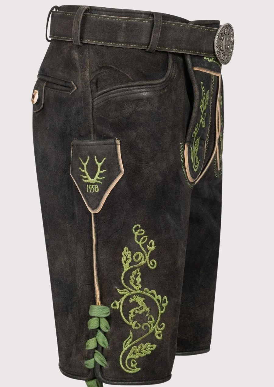 Bavarian lederhosen for men with green floral embroidery, perfect for Oktoberfest and traditional German festivals.