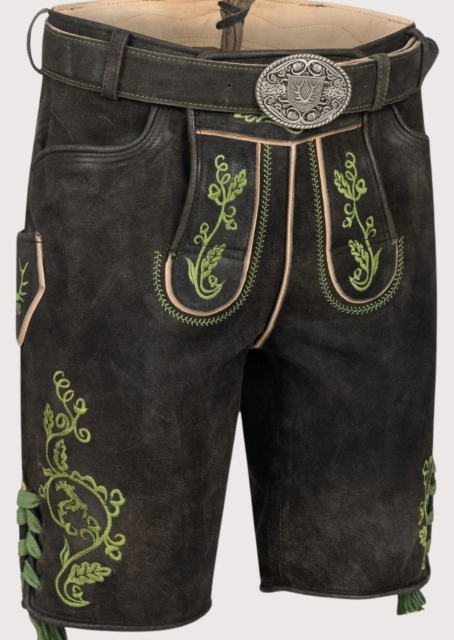 Bavarian lederhosen for men with green floral embroidery, perfect for Oktoberfest and traditional German festivals.