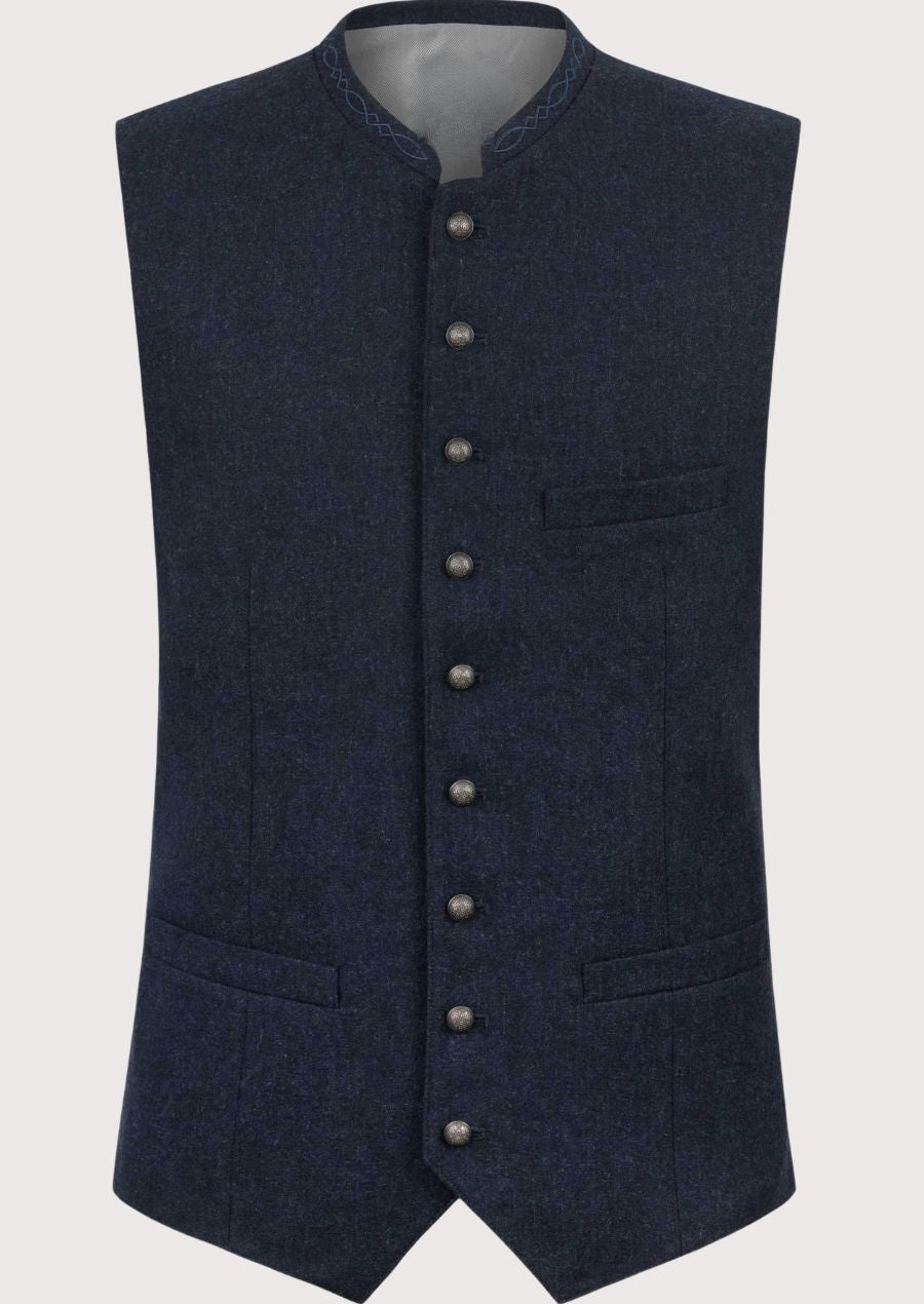Bavarian Navy Trachten Waistcoat with stand collar, Bavarian waistcoat, traditional German Oktoberfest vest, Alpine wool waistcoat, authentic Trachten clothing, heritage Bavarian menswear.