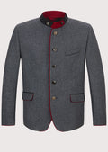 Classic Oktoberfest men’s jacket featuring traditional Bavarian style with red details and horn buttons, perfect for Oktoberfest, weddings, and beer festivals.

