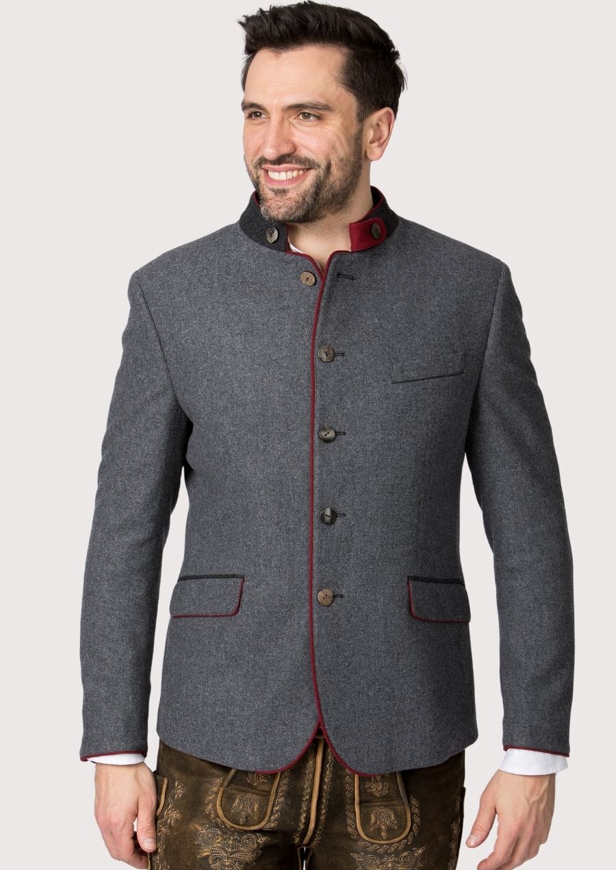 Authentic Bavarian Oktoberfest jacket for men with red piping and horn buttons, ideal for festive events and German cultural celebrations.

