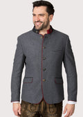 Authentic Bavarian Oktoberfest jacket for men with red piping and horn buttons, ideal for festive events and German cultural celebrations.

