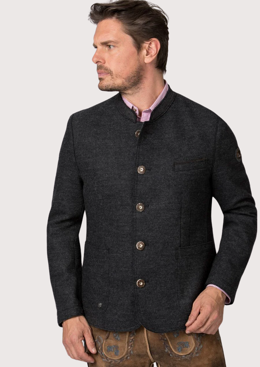 Man wearing a charcoal Bavarian Trachten jacket with horn-style buttons