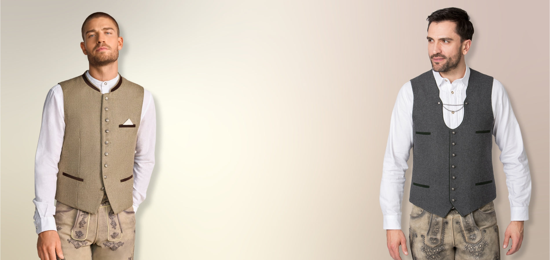 Two mens displaying bavarian vest.