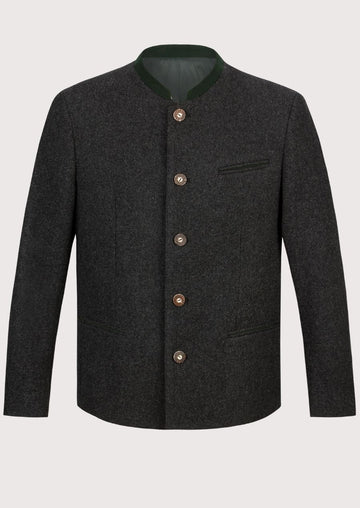 Men's Bavarian Wool Jacket Green Collar featuring a dark green stand collar, premium wool blend fabric, decorative metal buttons, traditional Bavarian tailoring, Alpine heritage styling, and Oktoberfest fashion appeal