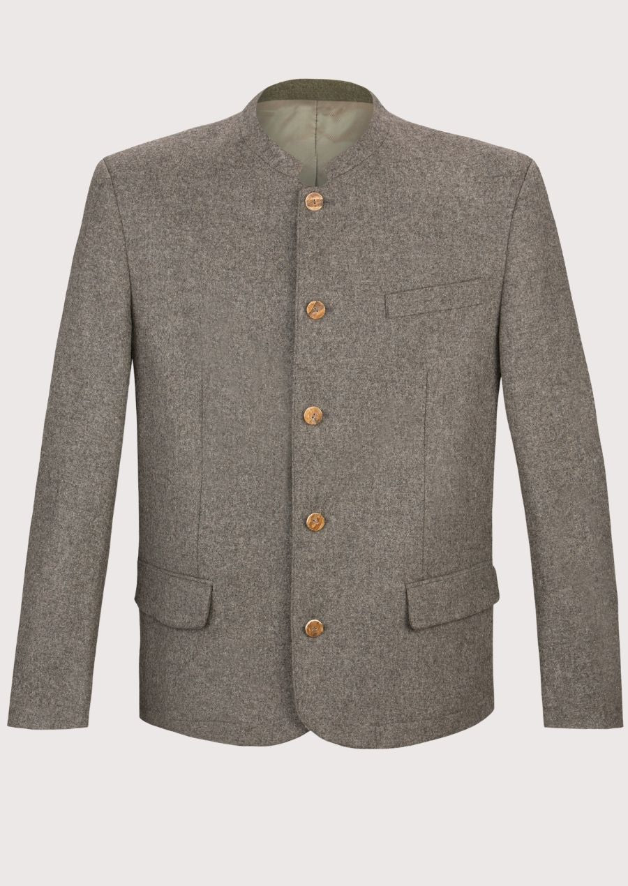 Men's Bavarian Wool Jacket Stone Grey with wooden buttons, stand collar, premium wool blend fabric, traditional Bavarian tailoring, Alpine heritage styling, German formal wear, and Oktoberfest fashion