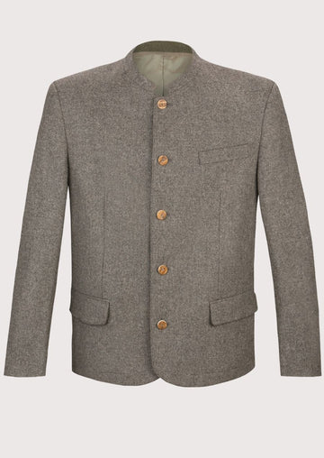 Men's Bavarian Wool Jacket Stone Grey with wooden buttons, stand collar, premium wool blend fabric, traditional Bavarian tailoring, Alpine heritage styling, German formal wear, and Oktoberfest fashion