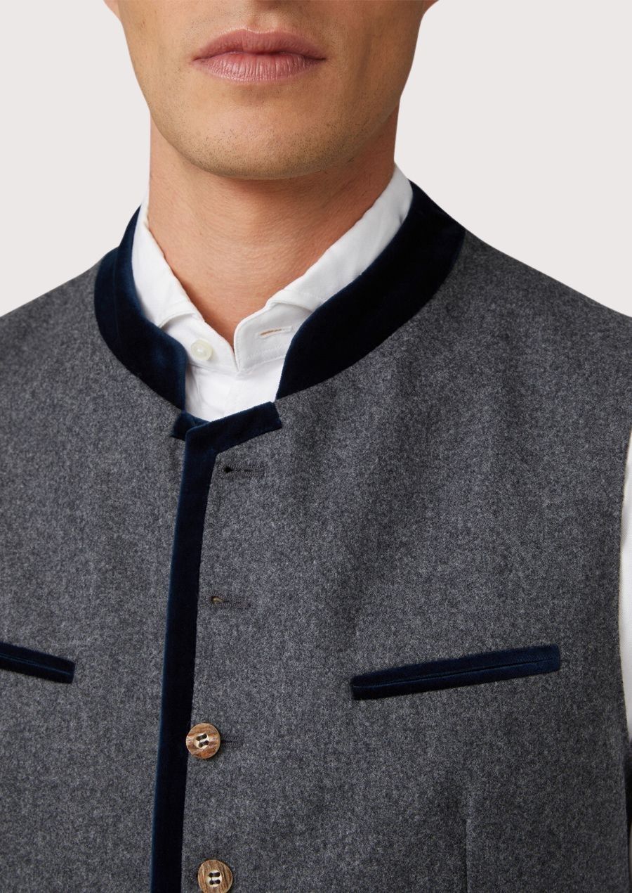 Premium wool Bavarian vest for men with contrast piping and a tailored fit, perfect for weddings and traditional gatherings.