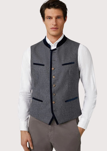 Bavarian Wool Vest for Men in grey with wooden buttons and green accents, ideal for Oktoberfest and traditional events.

