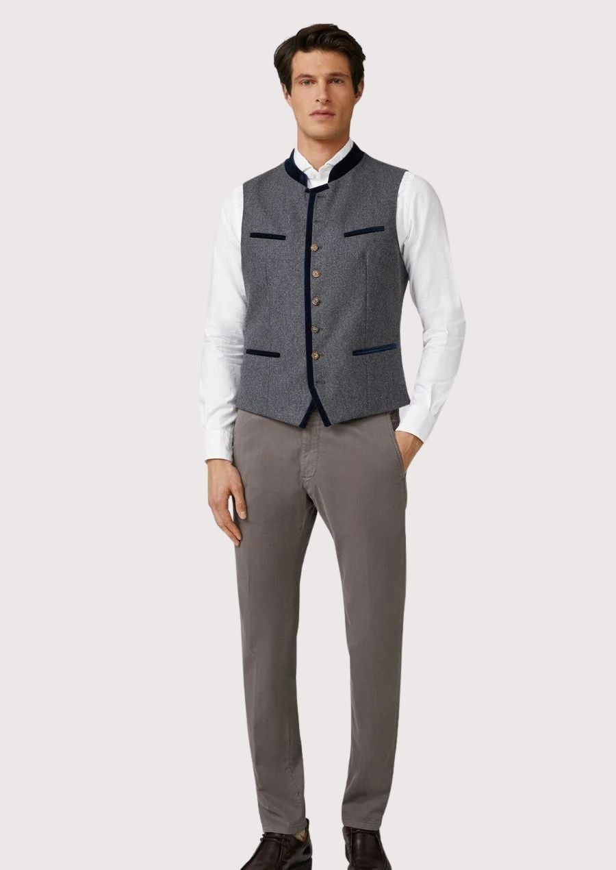 Bavarian Wool Vest for Men in grey with wooden buttons and green accents, ideal for Oktoberfest and traditional events.

