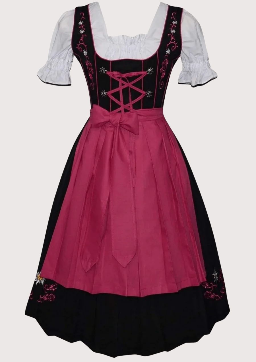 Rose pink and black embroidered Dirndl dress for women with pink apron, lace-up corset bodice, white puff sleeve blouse, traditional Bavarian Oktoberfest outfit, authentic German Alpine clothing.