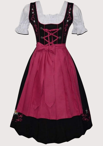 Rose pink and black embroidered Dirndl dress for women with pink apron, lace-up corset bodice, white puff sleeve blouse, traditional Bavarian Oktoberfest outfit, authentic German Alpine clothing.