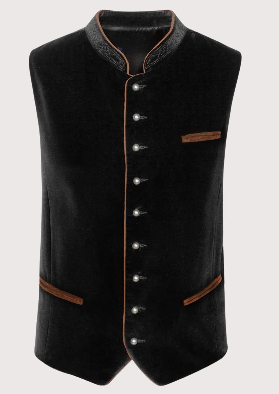 Black Bavarian waistcoat featuring brown trim and metal buttons