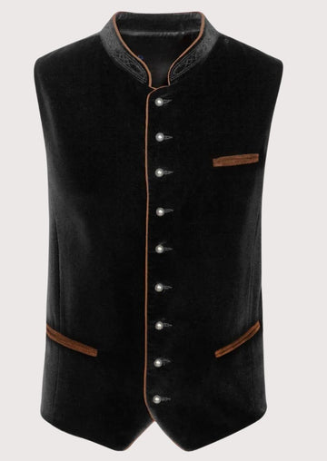 Black Bavarian waistcoat featuring brown trim and metal buttons
