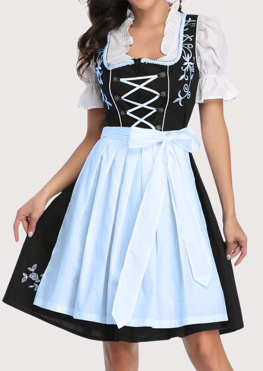 Pastel blue oktoberfest dress with light blue apron, white puff sleeve blouse, lace-up bodice, traditional Bavarian Oktoberfest outfit, authentic German Trachten clothing.