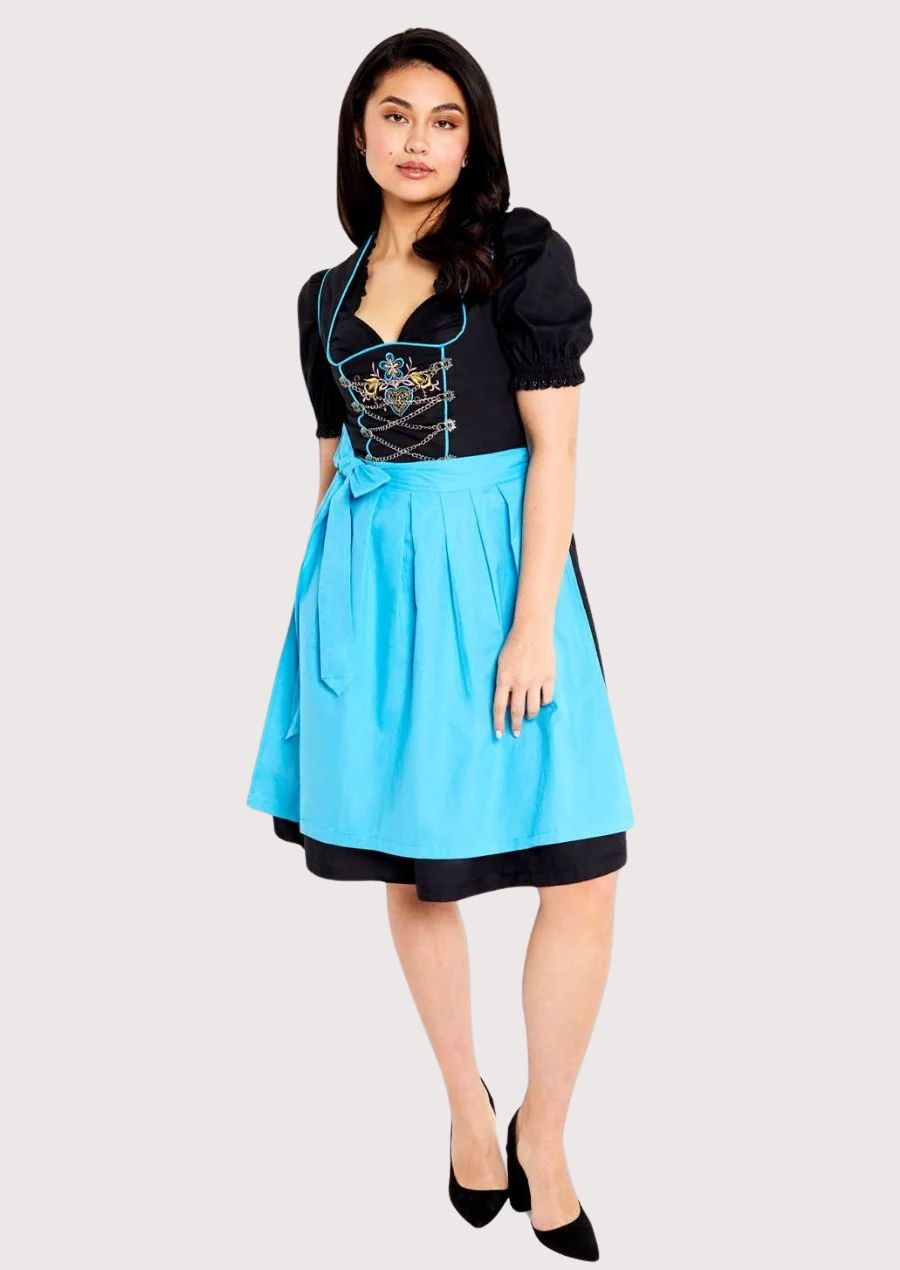 Women's black Dirndl dress with a bright blue apron, embroidered bodice, puff sleeves, and traditional Bavarian Oktoberfest styling.