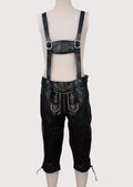 Men's Black Bundhosen Alpine Scrollwork with suspenders, embroidered front flap, traditional Bavarian craftsmanship, Alpine heritage design, and Oktoberfest styling