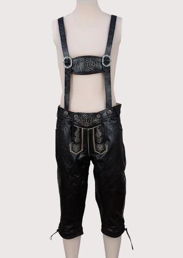 Men's Black Bundhosen Alpine Scrollwork with suspenders, embroidered front flap, traditional Bavarian craftsmanship, Alpine heritage design, and Oktoberfest styling