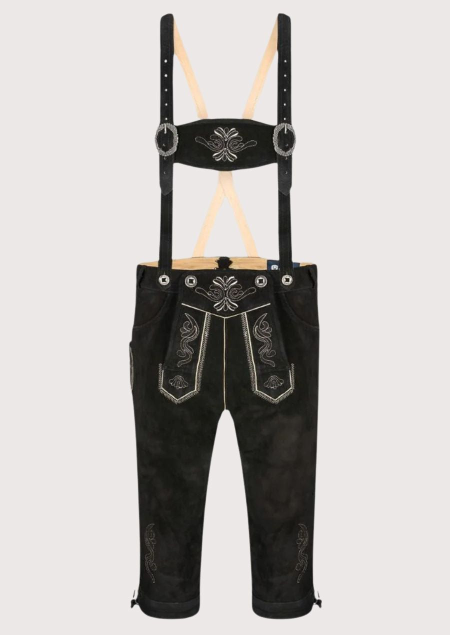 Men's Black Suede Bundhosen Silver Vine, embroidered front flap, traditional Bavarian craftsmanship, Alpine heritage design, and Oktoberfest styling