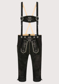 Black goatskin suede Bundhosen with suspenders, decorative embroidery, and traditional Oktoberfest styling