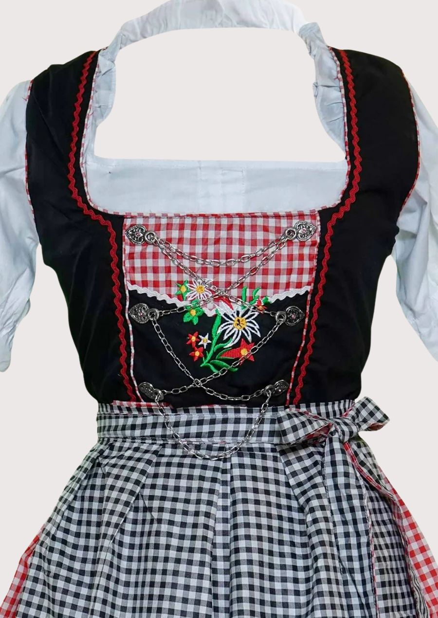 Black embroidered Dirndl dress for women with black and white gingham apron, red gingham accents, floral embroidery, white puff sleeve blouse, traditional Bavarian Oktoberfest outfit, authentic German Alpine clothing.