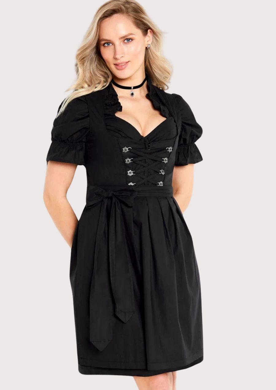 classic black corset Dirndl dress with lace-up corset bodice, matching black apron, puff sleeve blouse, traditional Bavarian Oktoberfest outfit, authentic German Trachten dress.