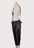 Black goatskin leather Bundhosen with classic suspenders, decorative embroidery, and traditional Bavarian craftsmanship