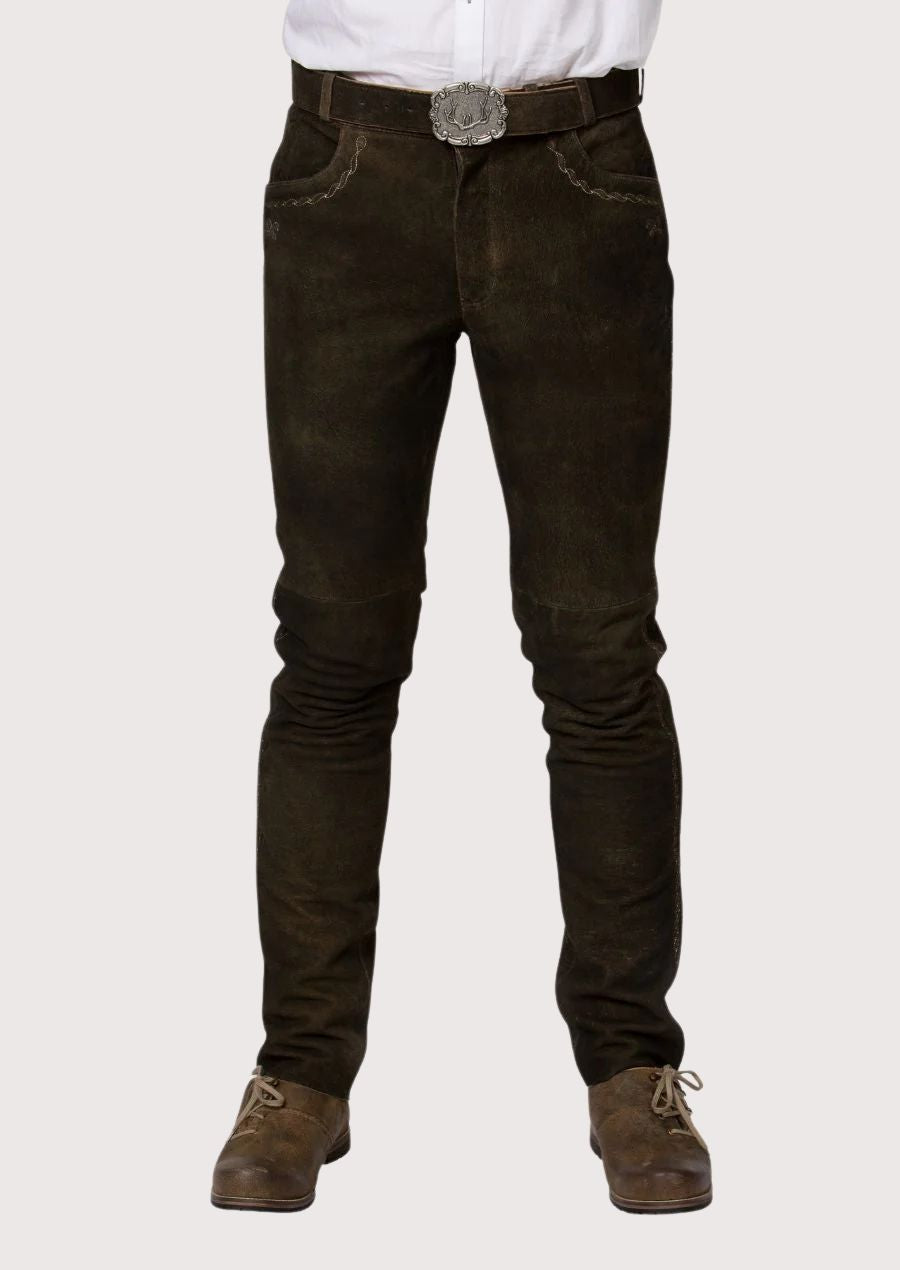 Men's Lederhosen Pants Dark Brown Vine Trim with slim fit design, traditional Bavarian craftsmanship, authentic German folkwear, and Oktoberfest styling