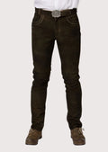 Black leather Trachten trousers for men featuring a slim fit design, traditional Bavarian styling, and decorative belt buckle