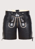 Black Lederhosen Leather Alpine Heart crafted from smooth leather with traditional embroidery and Oktoberfest appeal.